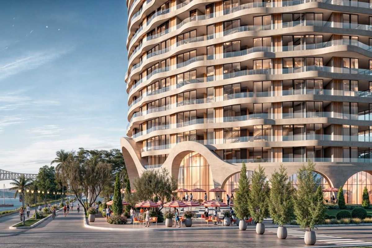 Luxury bedroom with floor-to-ceiling windows overlooking ocean and Panama Canal entrance