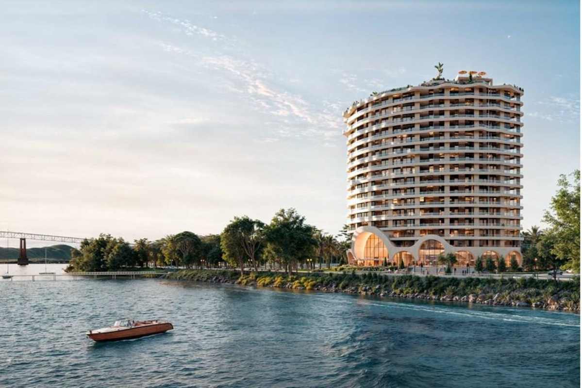 Contemporary waterfront condo tower with curved balconies on Amador Causeway Panama City