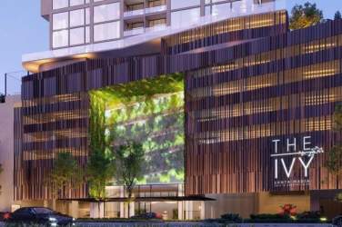 Modern bedroom with city skyline views, large window, ensuite bath in The Ivy Santa Maria Panama