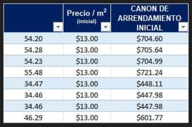 Rental price per square meter details for Mr Precio Las Mendozas Costa Verde La Chorrera