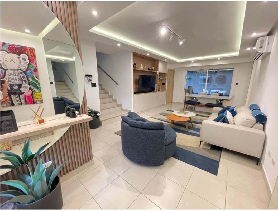 Open living and dining area with stylish lighting ceramic floors at Urb. Vallarta Brisas del Golf Panama