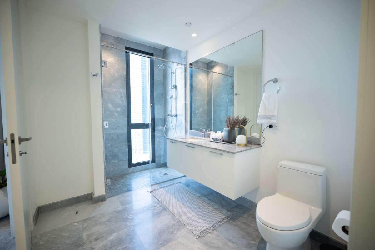 Modern kitchen with marble island and ocean view Upper East Costa del Este Panama