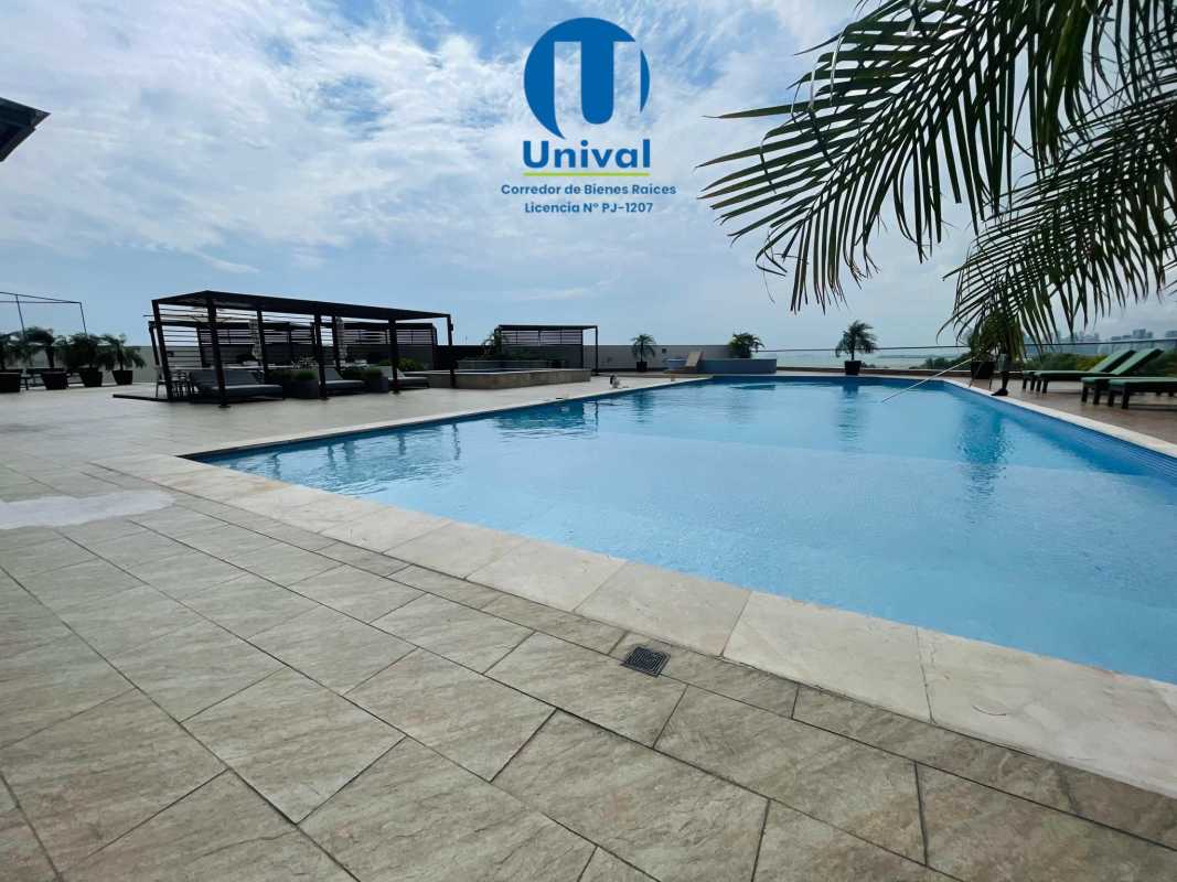 Infinity swimming pool and lounge with Pacific Ocean view on rooftop PH Paramount Costa del Este Panama