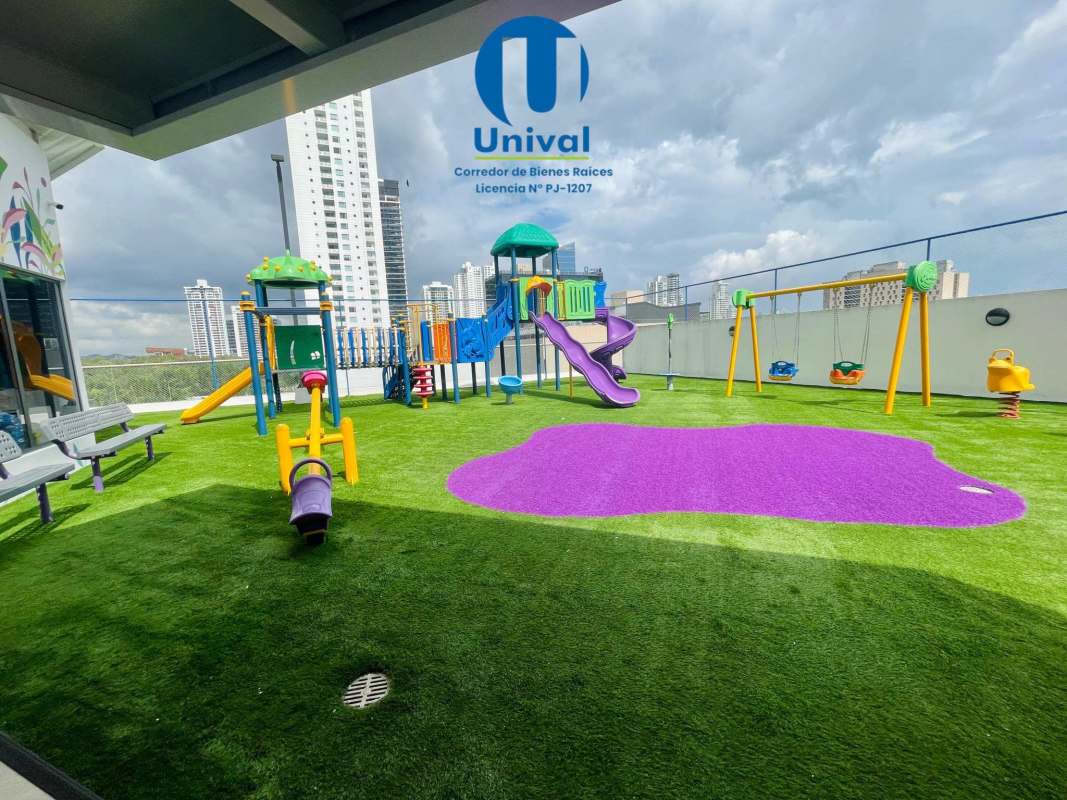 Colorful rooftop playground with safety surfacing at PH Paramount Costa del Este Panama