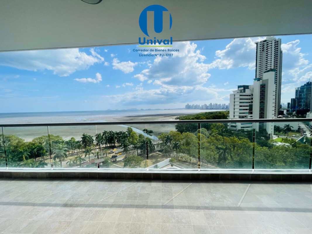 Bedroom featuring large window, ocean and skyline view at PH Paramount Costa del Este Panama