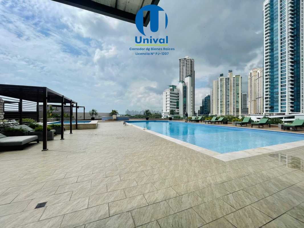 Rooftop pool lounge with pergolas and city skyline views in PH Paramount Costa del Este Panama