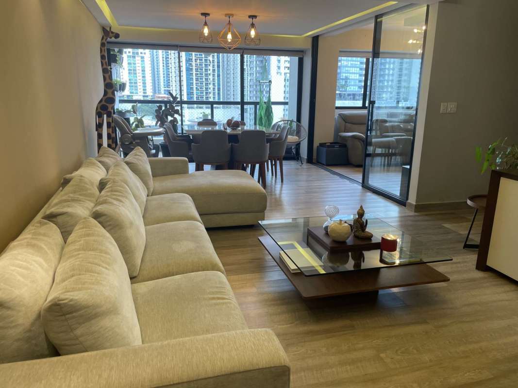 Bedroom with large window, built-in closet and AC, overlooking Panama skyline in PH Balboa Bay