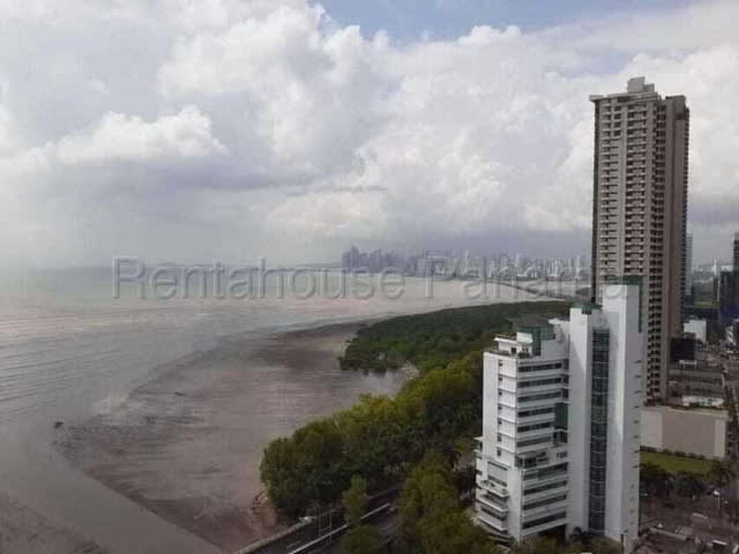 Aerial shot of luxury condominiums along the oceanfront coastline Costa del Este Panama City