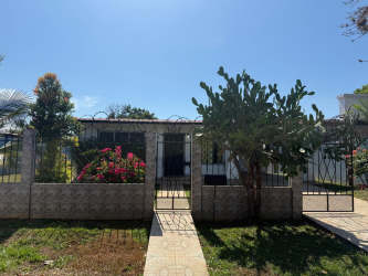 Fenced garden with flowering shrubs and walkway Villa Mercedes house Panama