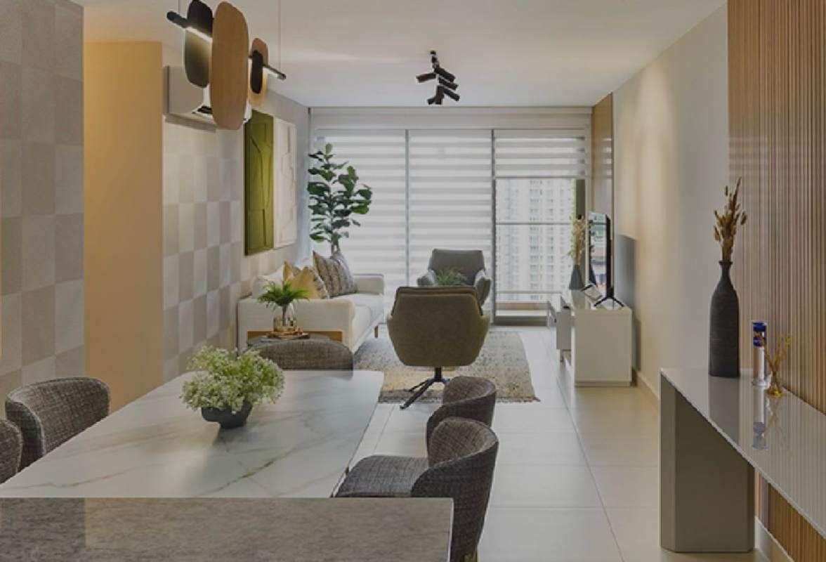 Open living and dining room with marble table, large windows and contemporary decor in PH Spotlight Panama