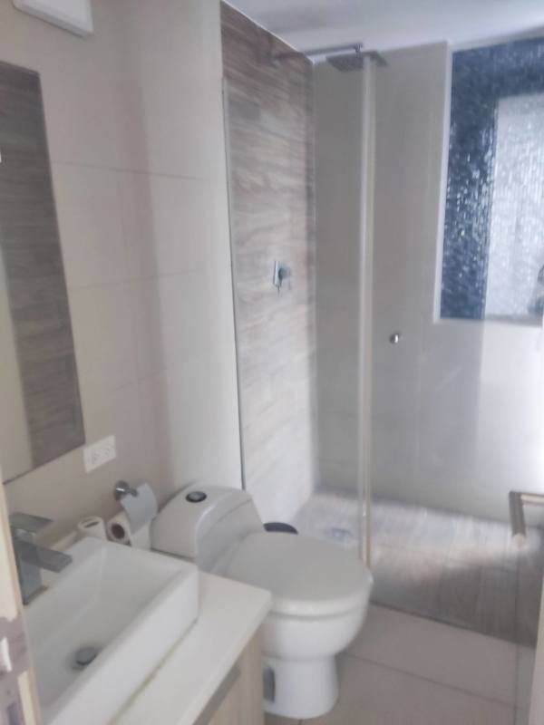 Contemporary bathroom with glass walk-in shower wood accent tile PH Scala Panama City