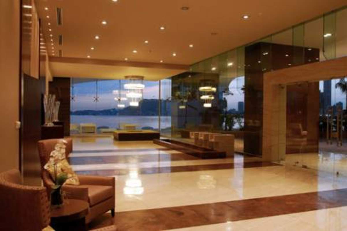 Luxury grand lobby entrance of The Point high-rise in Punta Paitilla Panama