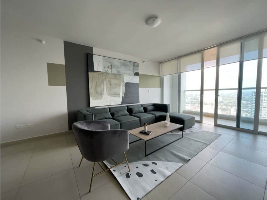 Spacious living room with floor-to-ceiling windows and city view in Costa del Este PH Country Club Panama