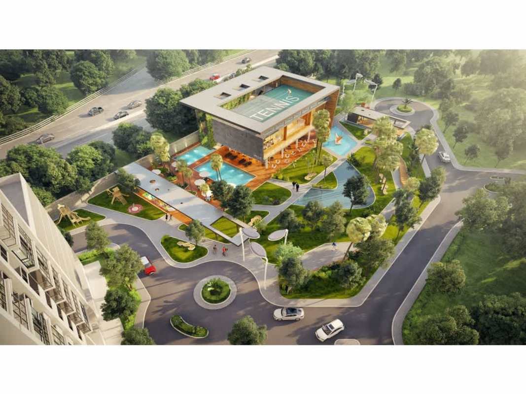 Aerial photo of PH Country Club with tennis court, pools, landscaped gardens in Costa del Este Panama