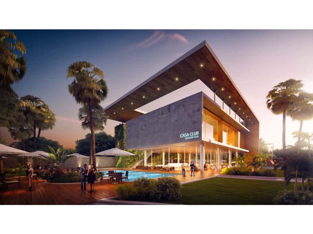 Modern country club building with poolside area palm trees PH Costa del Este Panama