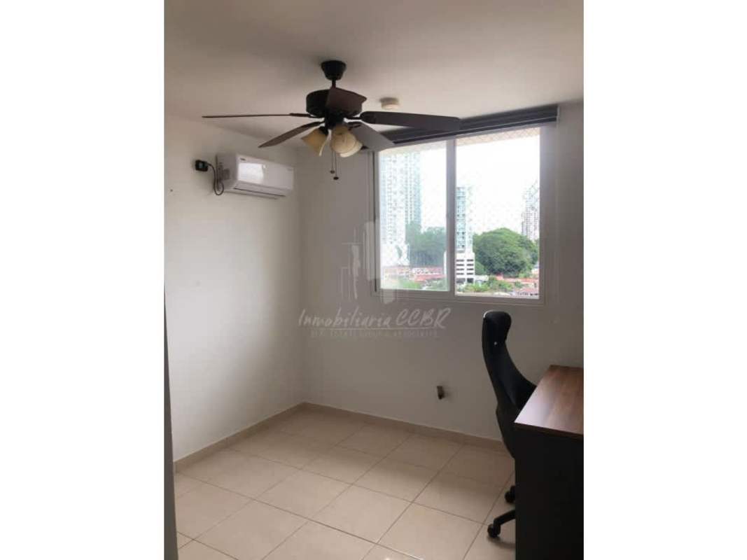 Home office corner with air conditioning, ceiling fan and large window at PH Sabana Tower Panama City