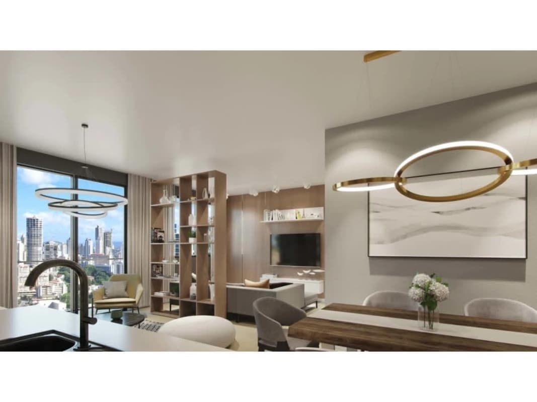Contemporary open plan dining and living area with balcony views PH Aura Obarrio Panama