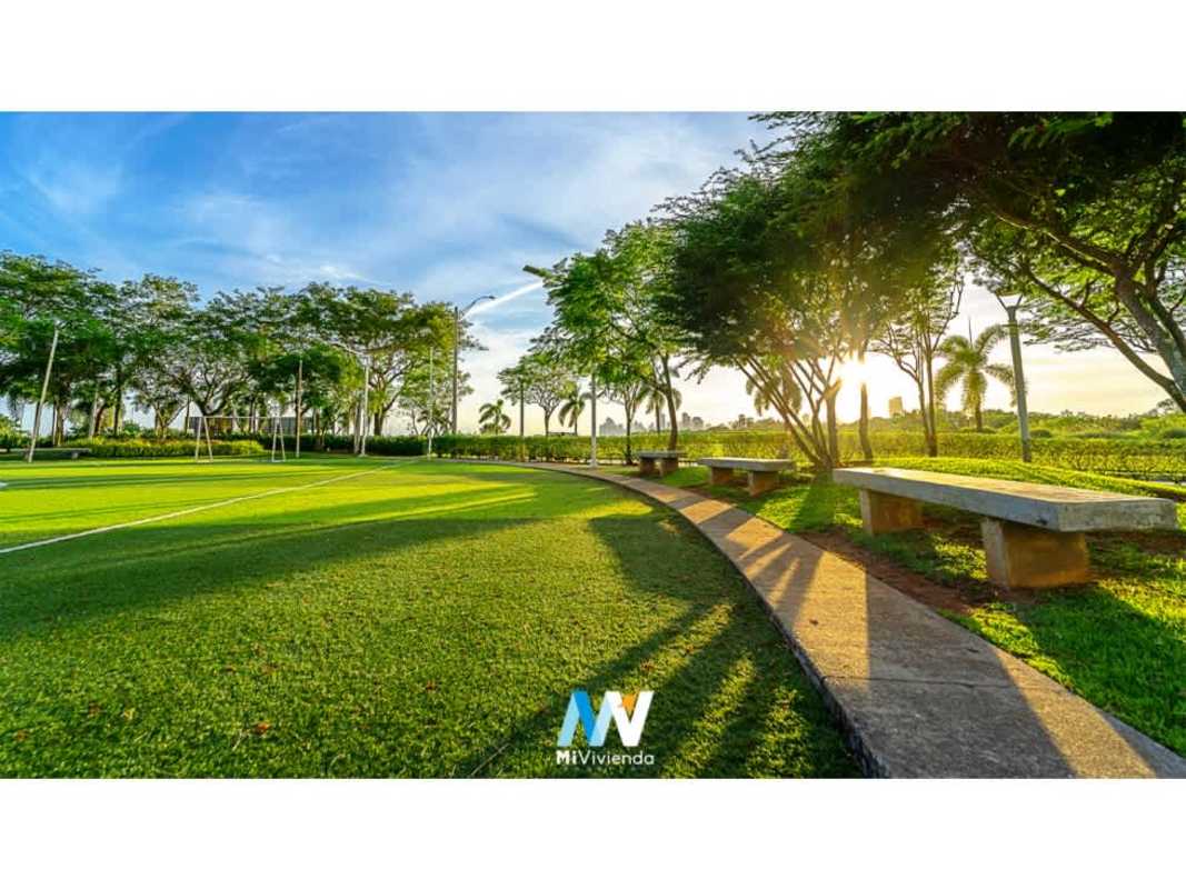 Large soccer field, curved walkway, trees, sunset Costa del Este Panama