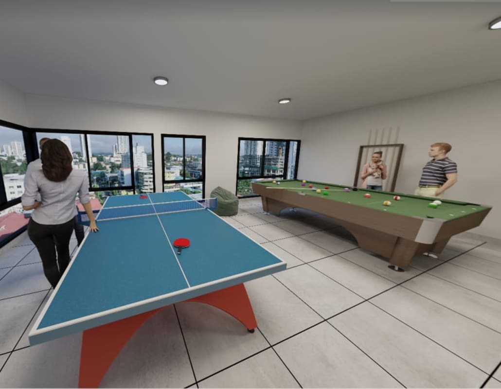 Recreation room with ping pong pool table at Costana rooftop Panama