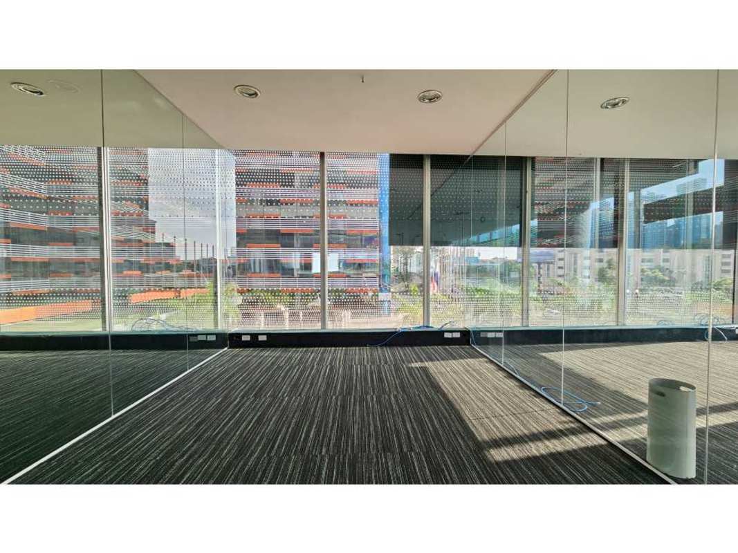 Interior of modern office space with glass walls and panoramic views in Oceania Business Plaza Panama