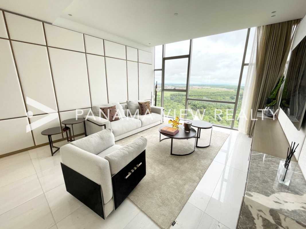 Modern bathroom with freestanding bathtub and view, La Maison by Fendi Panama