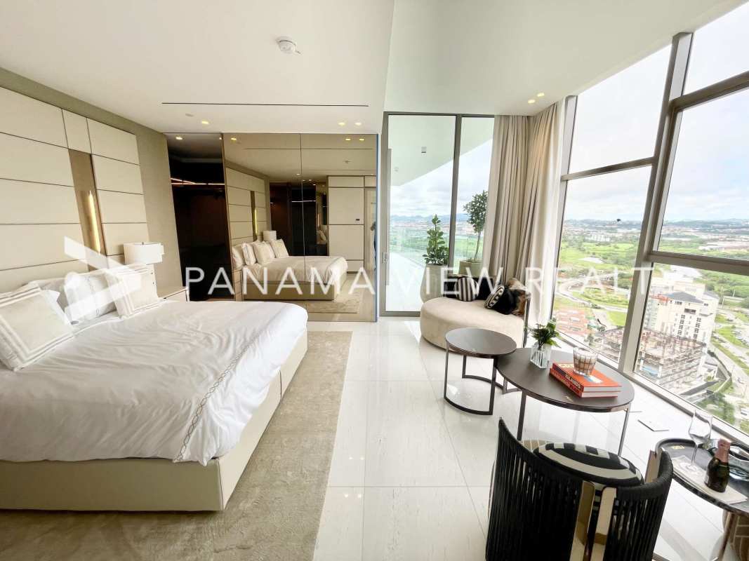 Modern master bedroom with panoramic views in La Maison by Fendi Casa Panama