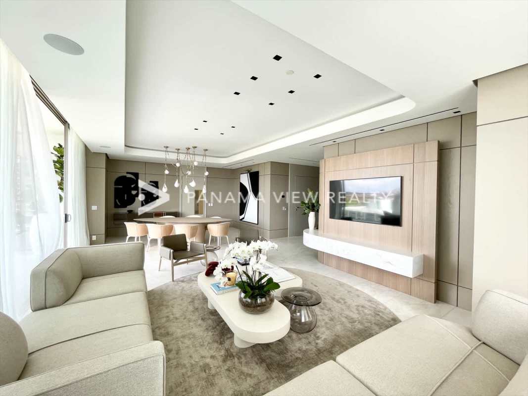 Luxury master bedroom with panoramic window at La Maison by Fendi in Panama City