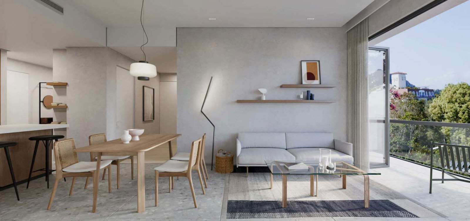 Bathroom design with walk-in shower and wood vanity in Passage Amador condo