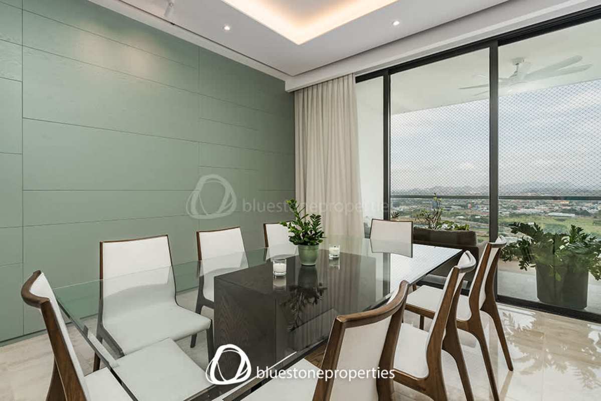 Modern bathroom with marble finishes double sink shower and tub Santa Maria Panama apartment