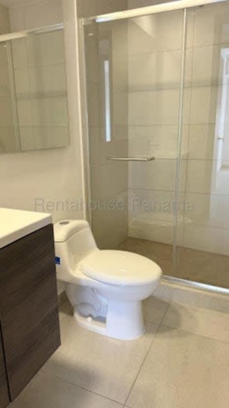 Modern bathroom glass shower tile floors PH Van Gogh apartment Panama City