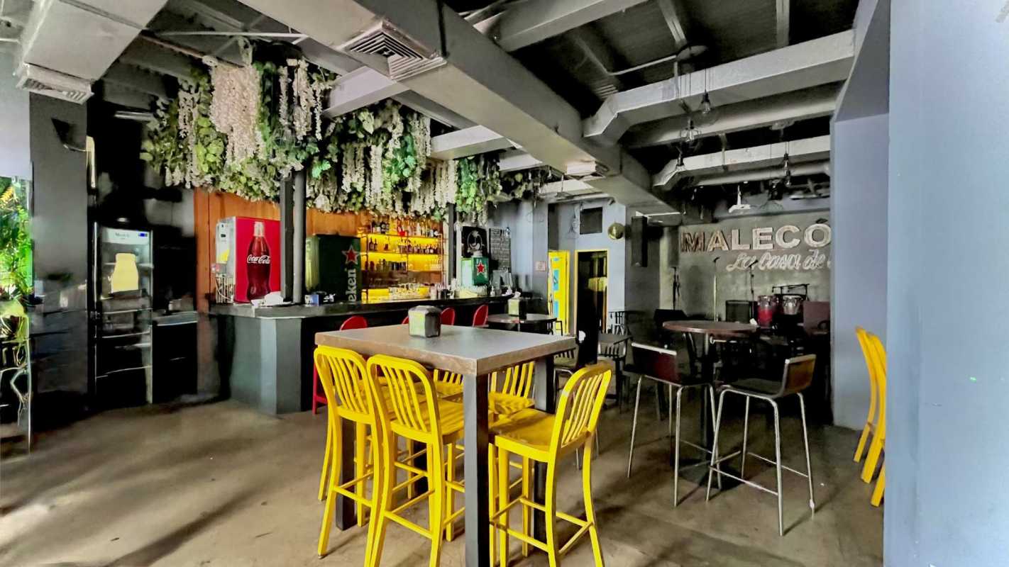 Cafe restaurant dining area with hanging greenery, wood tables and stone walls in Casco Viejo location Panama