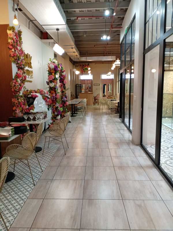 Modern cafe dining with floral decorations, glass partitions and rattan chairs Casco Viejo Panama