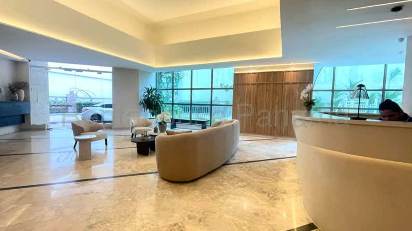 Modern lobby entrance PH Ocean Club luxury building in Punta Pacifica Panama for rent