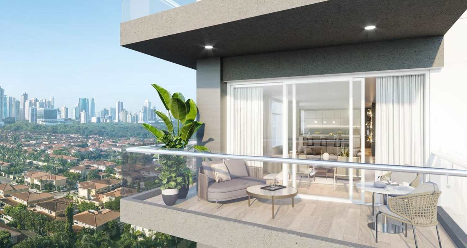 Modern balcony overlooking golf course and Panama skyline at PH Celeste Santa Maria