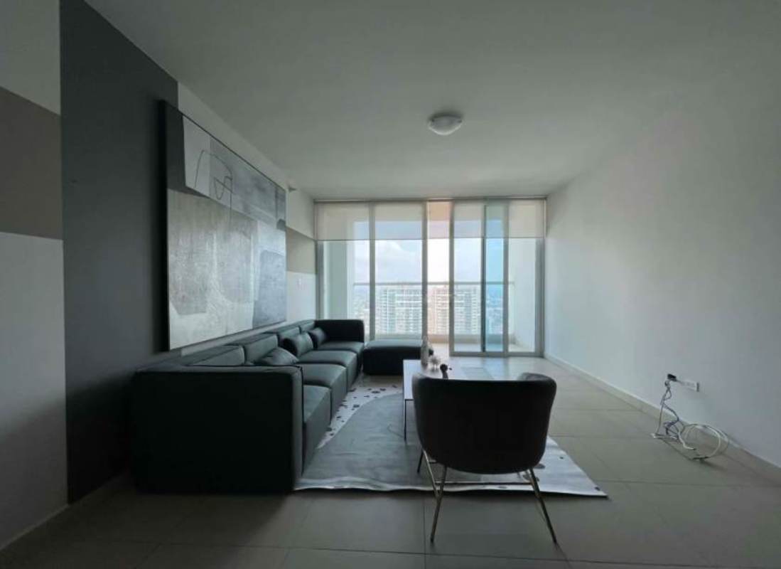 Furnished living room with large windows, contemporary decor PH Country Club Costa del Este Panama
