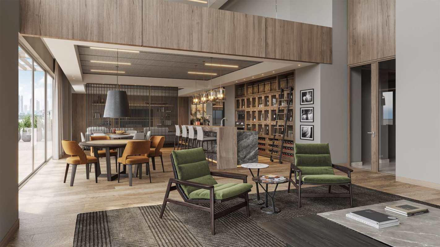 Spacious living dining with wine cellar wall PH Guayacán Panama City