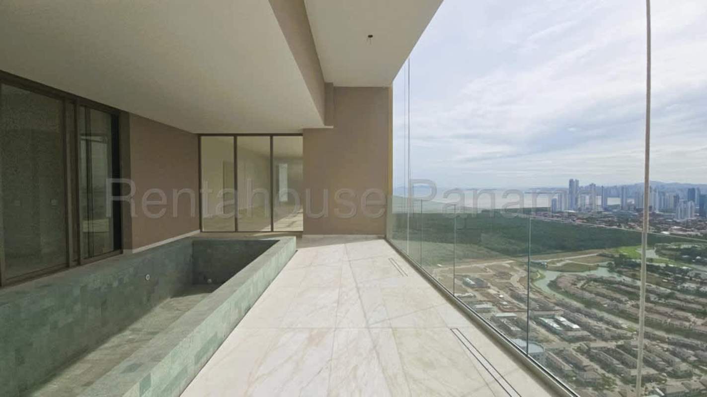 Spacious modern bathroom with marble counters, soaking tub, walk-in shower in Panama penthouse
