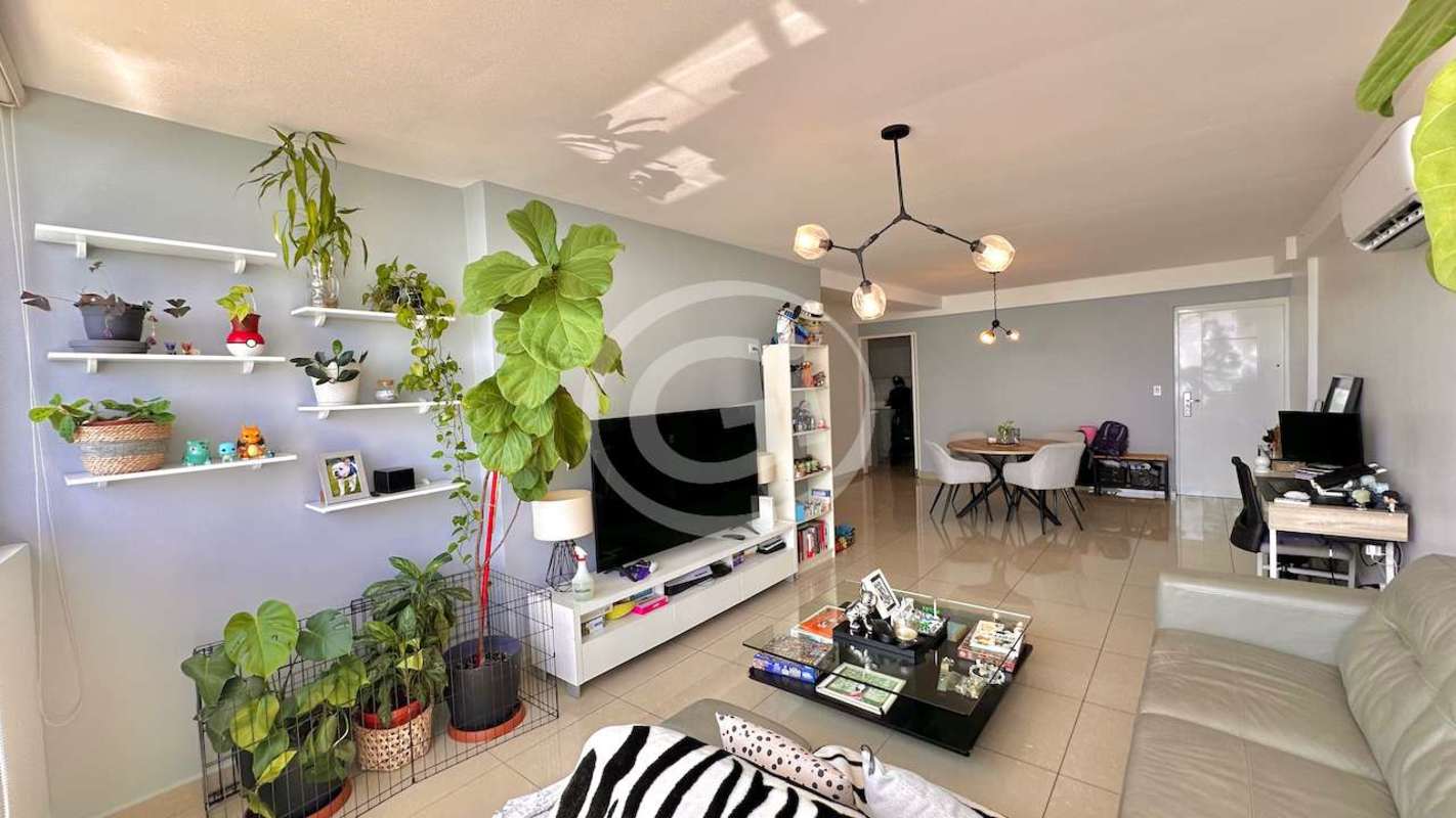 Bedroom with desk, ceiling fan, large window with ocean view PH Costa Pacifica Panama