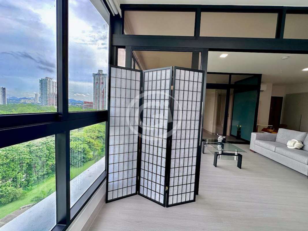 Open concept living-dining area with panoramic views in PH Arcadia high-rise Costa del Este Panama