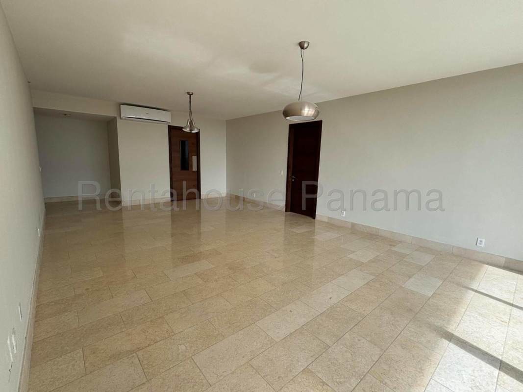 Modern bathroom with glass enclosed shower luxury apartment Greenview Santa María Panama