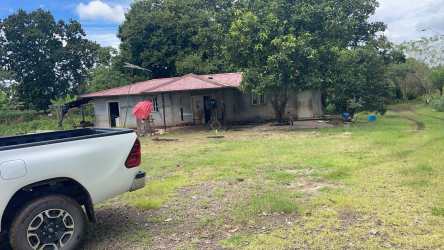 One story rural house with red roof, pickup truck and large grassy yard on farm for sale Calobre Panama