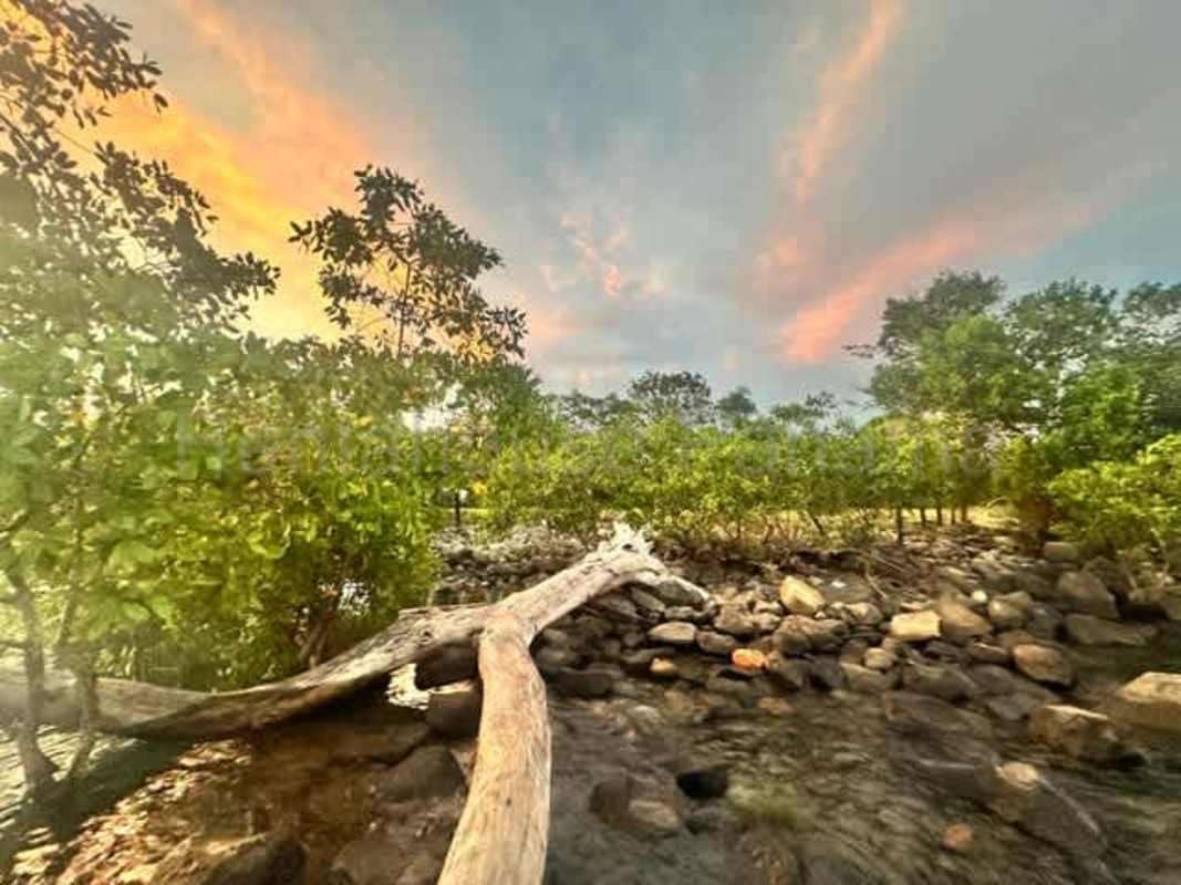 Scenic rocky riverbank with sunset sky and lush native vegetation in Panama beachfront land Las Lajas