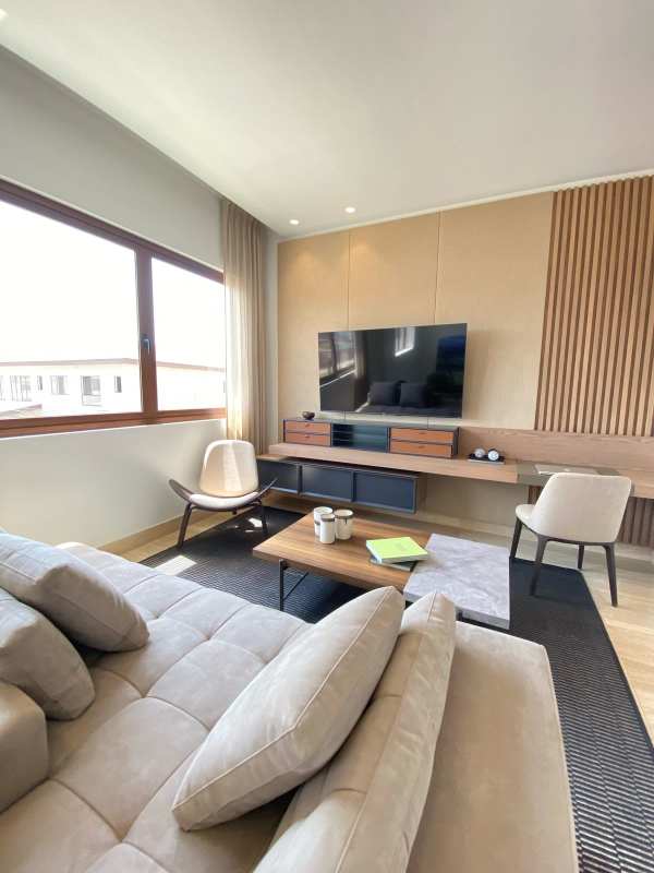 Luxury living room with marble floors, large windows city view Santa Maria Panama