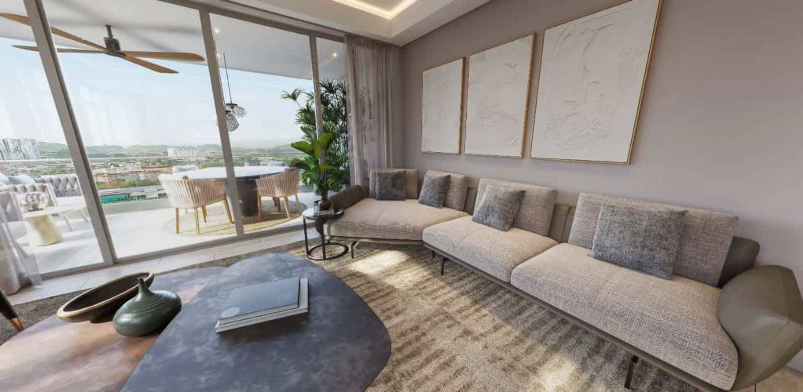 Living space with large sliding doors leading to balcony, golf and city view PH Corotú Panama