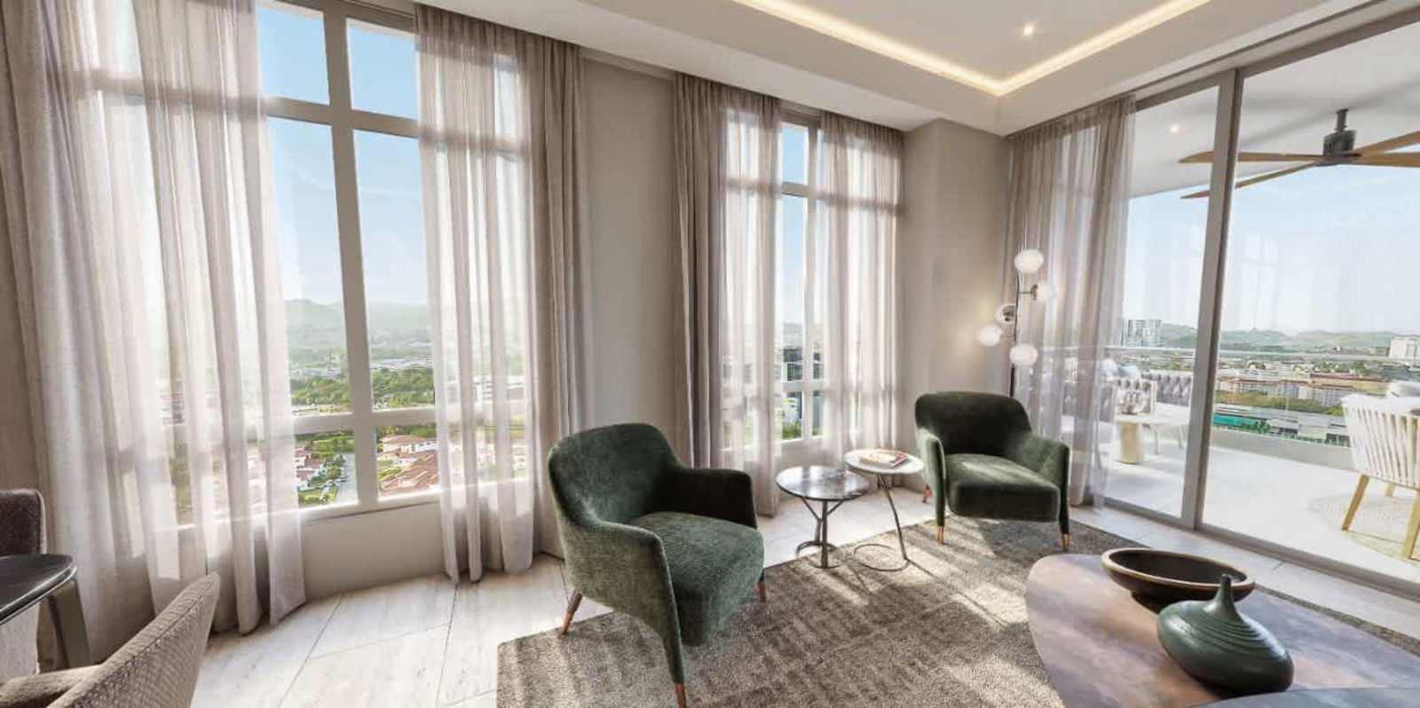 Bedroom with large windows and panoramic golf and city views PH Corotú Santa María Panama