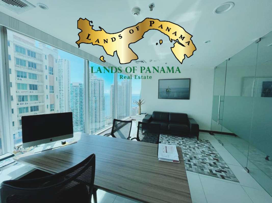 Large open plan furnished workspace with city views in luxury business tower Panama