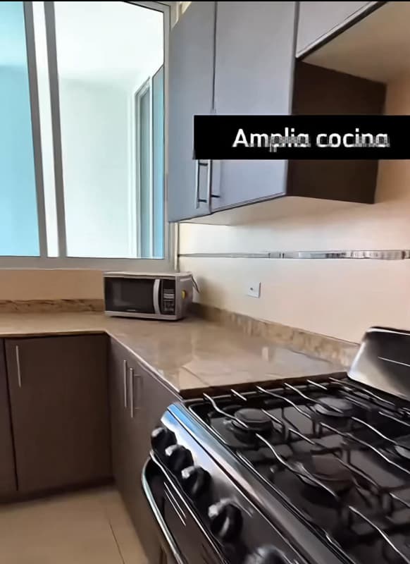 Modern kitchen with dark cabinets, granite counters and window in PH The Palm Obarrio