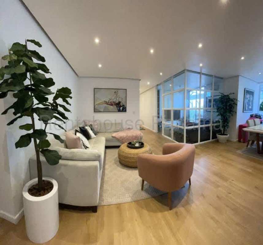 Contemporary bathroom with geometric tiles, vanity with gold fixtures in PH Serrano San Francisco Panama