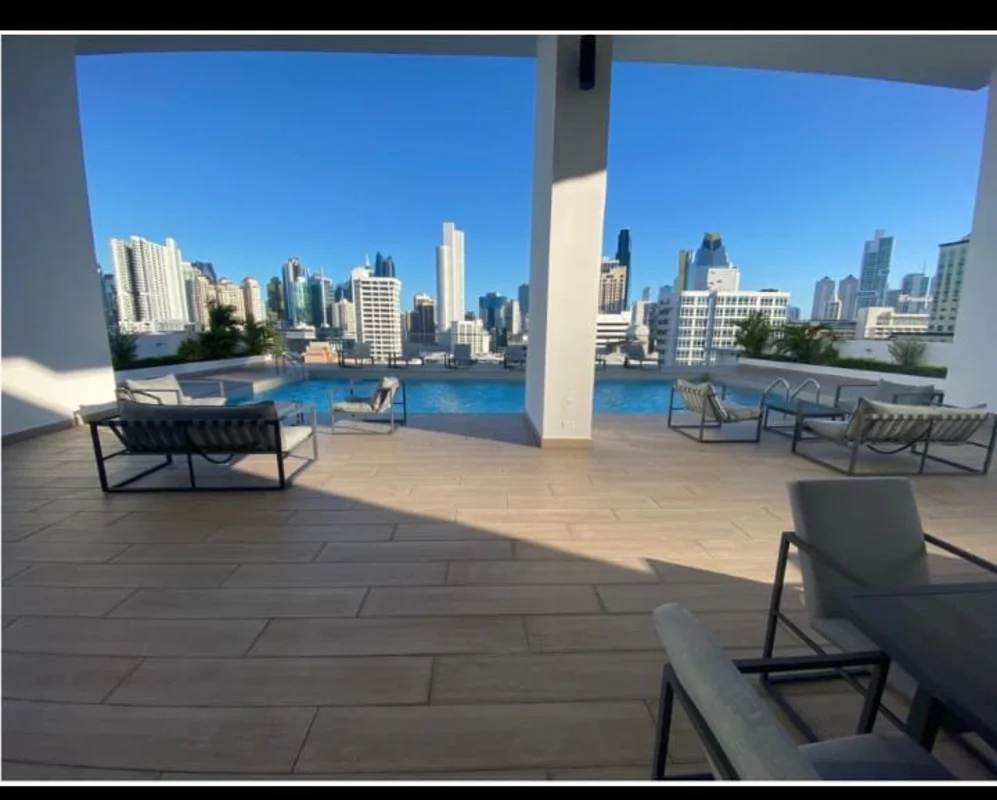 Rooftop swimming pool with panoramic city view terrace at PH Sky Swiss El Cangrejo Panama City