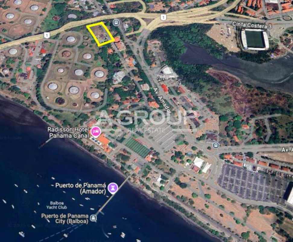 Urban development lot aerial on waterfront Amador peninsula Panama City near marinas and tourist attractions.